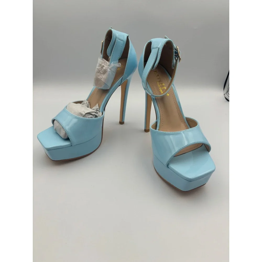 Kayleen by‎ Los Angeles Amalea-1 Light Blue Patent Platform Ankle Strap Heels 6